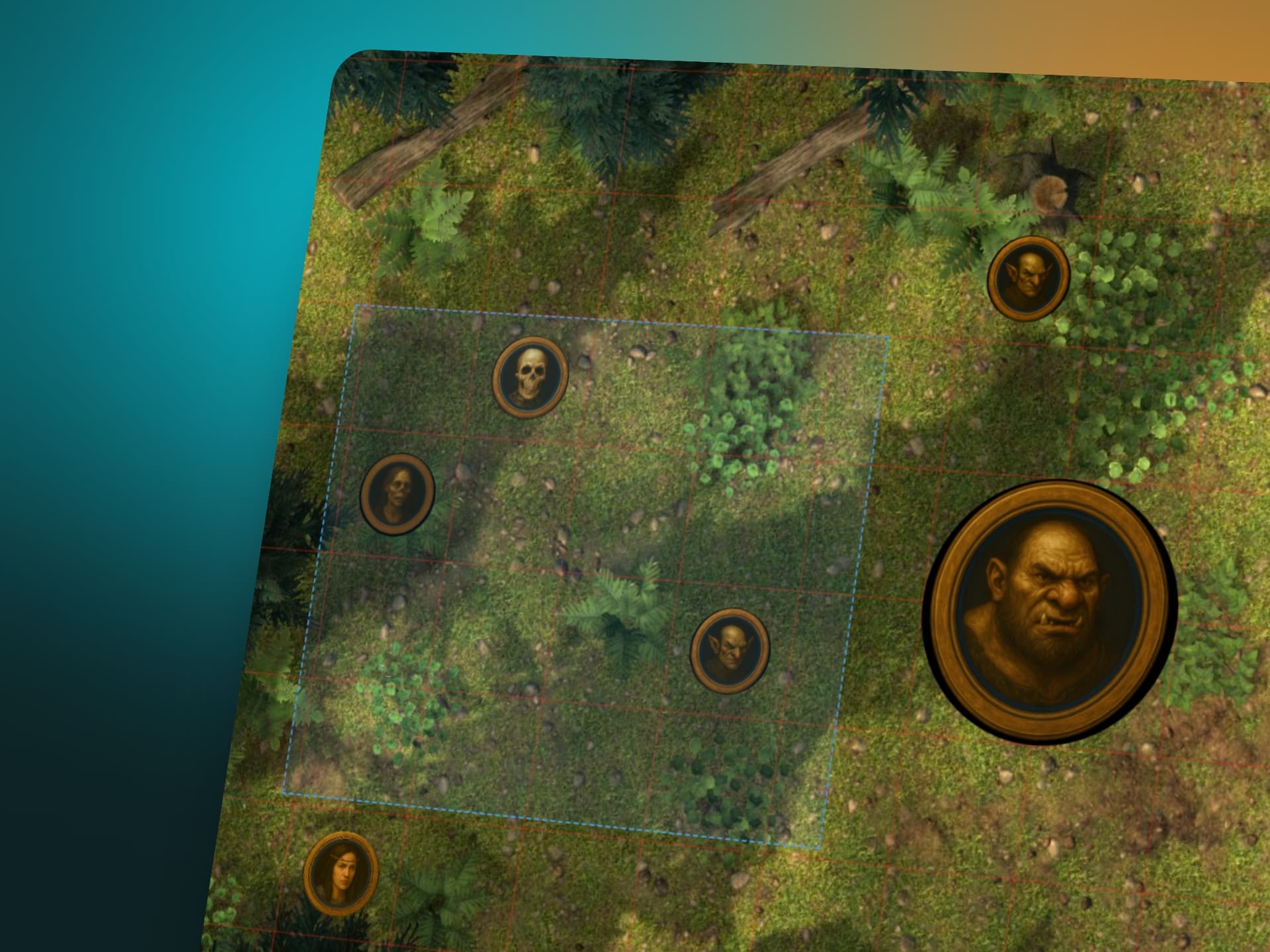 Screenshot: a forest battle map with an area selection box around several tokens, mid-drag, while an ogre token is moved