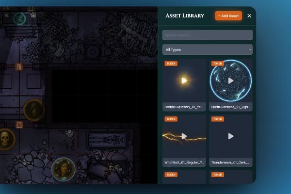 Screenshot: the asset library panel open beside a dungeon map, showing a searchable grid of animated spell effect tokens such as fireball and thunderwave