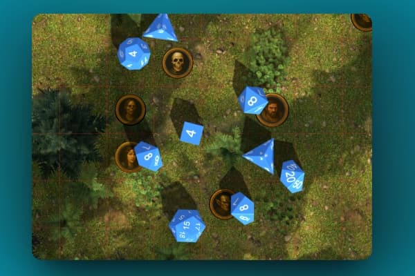 Screenshot: blue three-dimensional dice, including d20s and d4s, scattered across a grassy battle map among character tokens